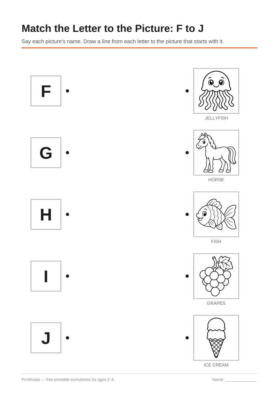 Full preview of the Match the Letter to the Picture: F to J worksheet