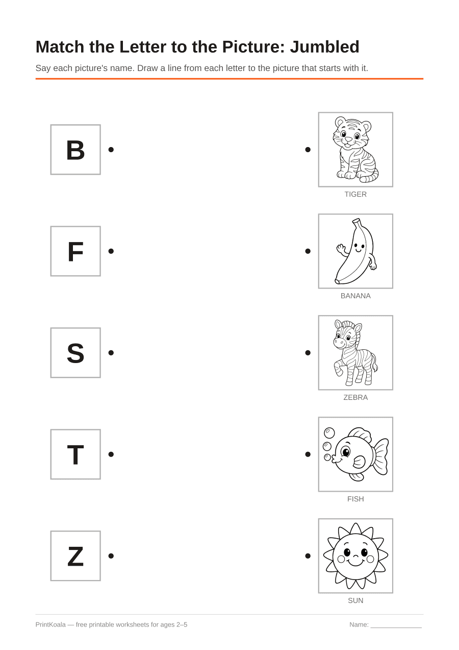 Full preview of the Match the Letter to the Picture: Jumbled worksheet