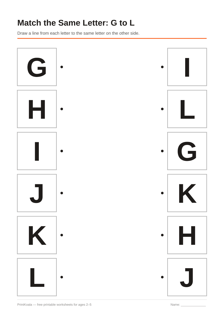Full preview of the Match the Same Letter: G to L worksheet