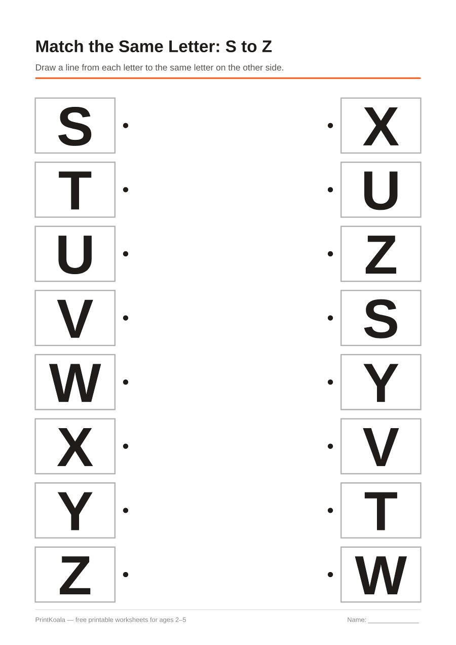 Full preview of the Match the Same Letter: S to Z worksheet