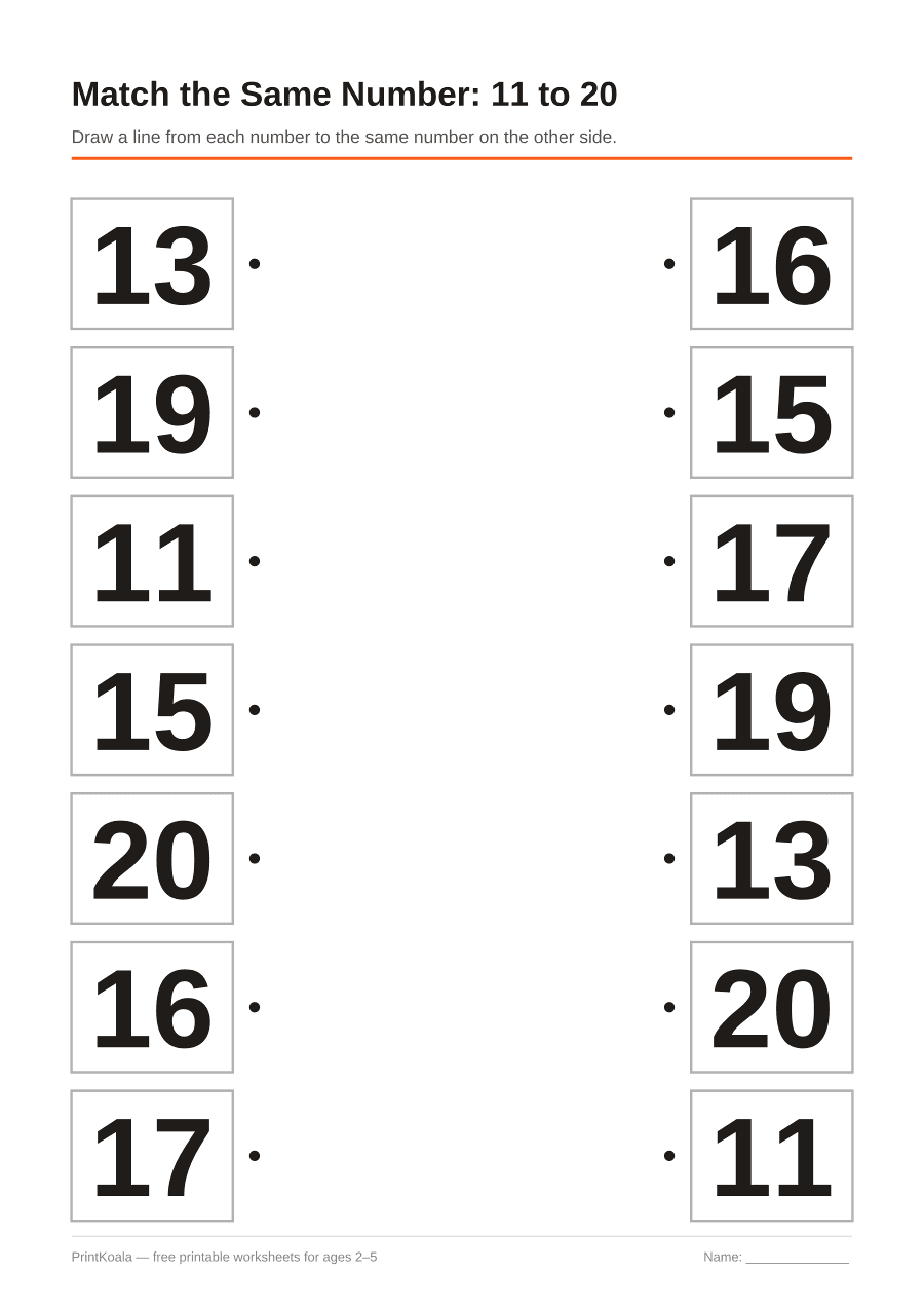 Full preview of the Match the Same Number: 11 to 20 worksheet