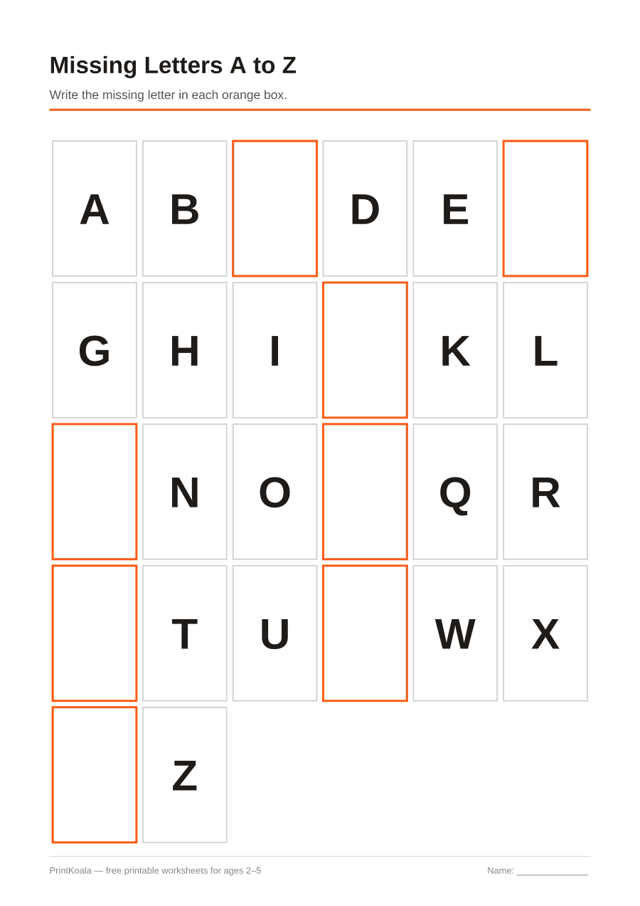 Full preview of the Missing Letters A to Z worksheet