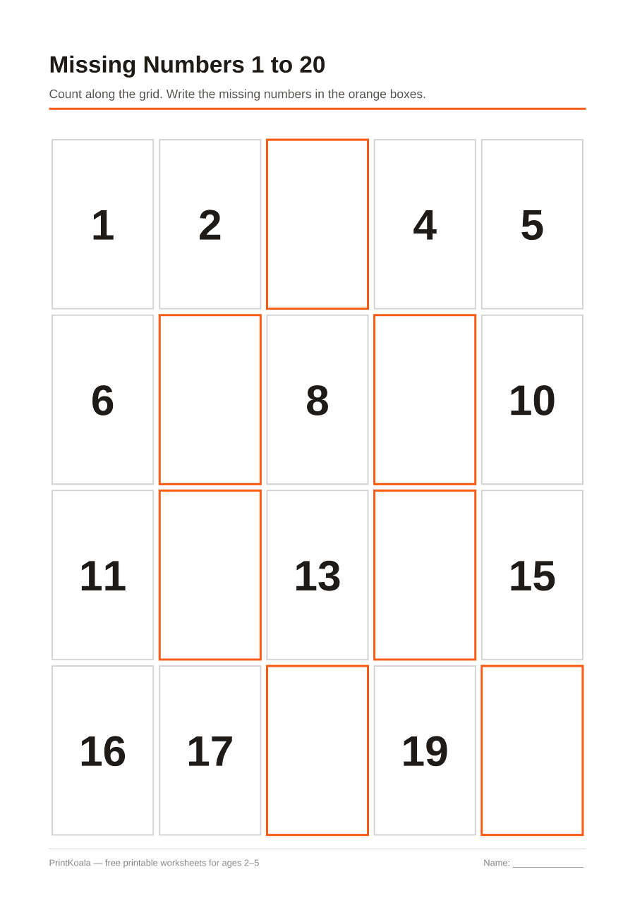 Full preview of the Missing Numbers 1 to 20 worksheet