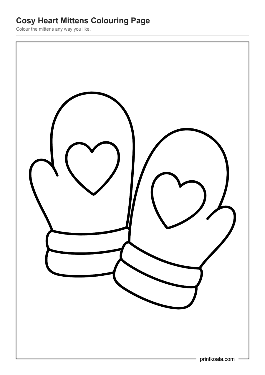 Full preview of the Cosy Heart Mittens Colouring Page worksheet