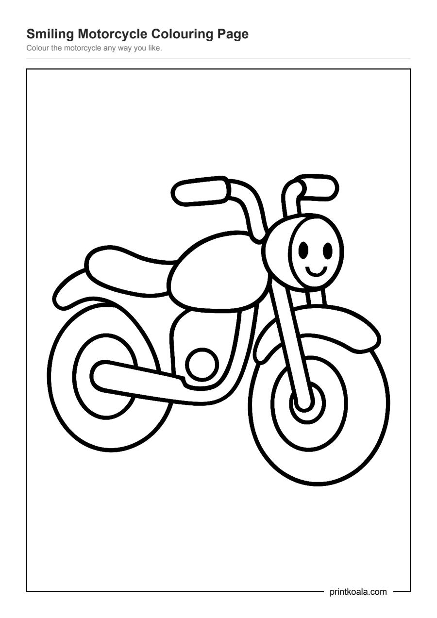 Full preview of the Smiling Motorcycle Colouring Page worksheet