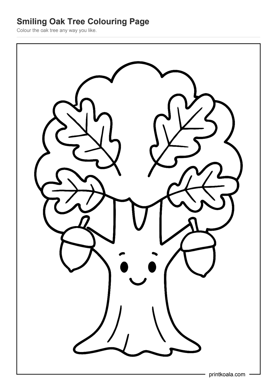 Full preview of the Smiling Oak Tree Colouring Page worksheet