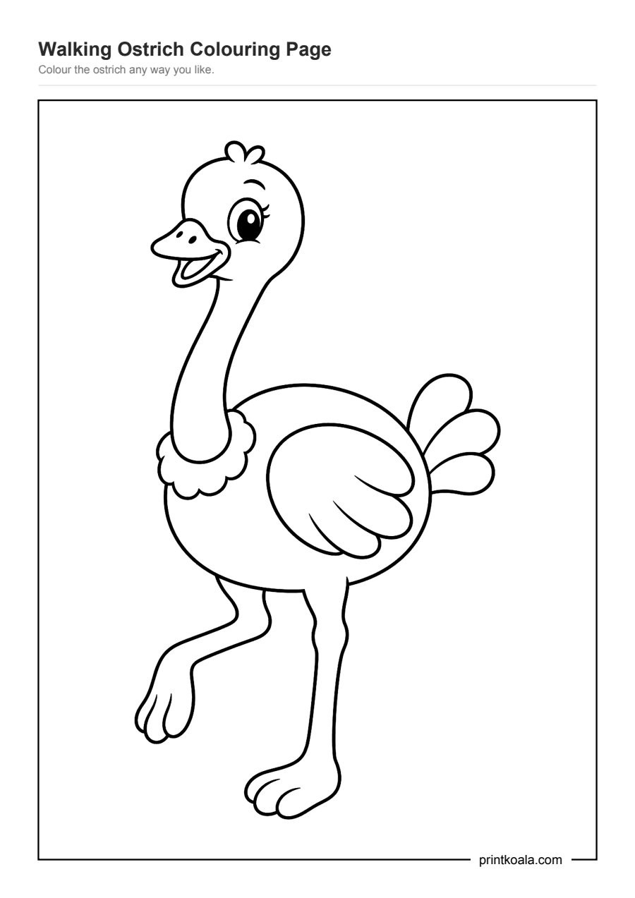 Full preview of the Walking Ostrich Colouring Page worksheet