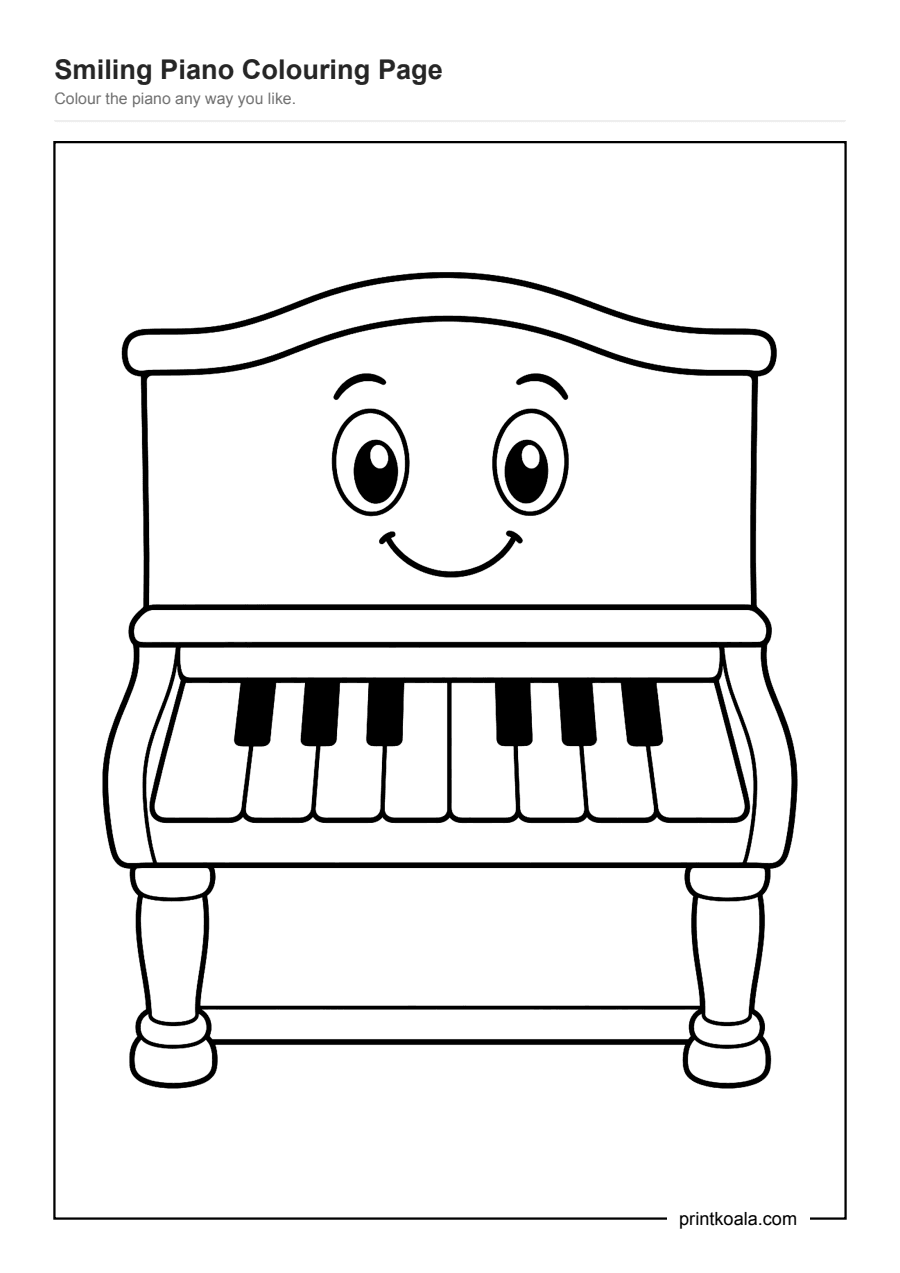 Full preview of the Smiling Piano Colouring Page worksheet