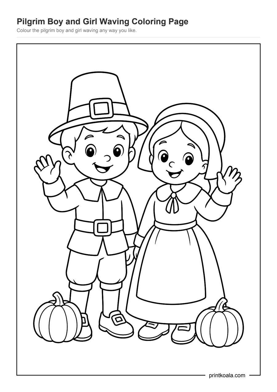Full preview of the Pilgrim Boy and Girl Waving Coloring Page worksheet