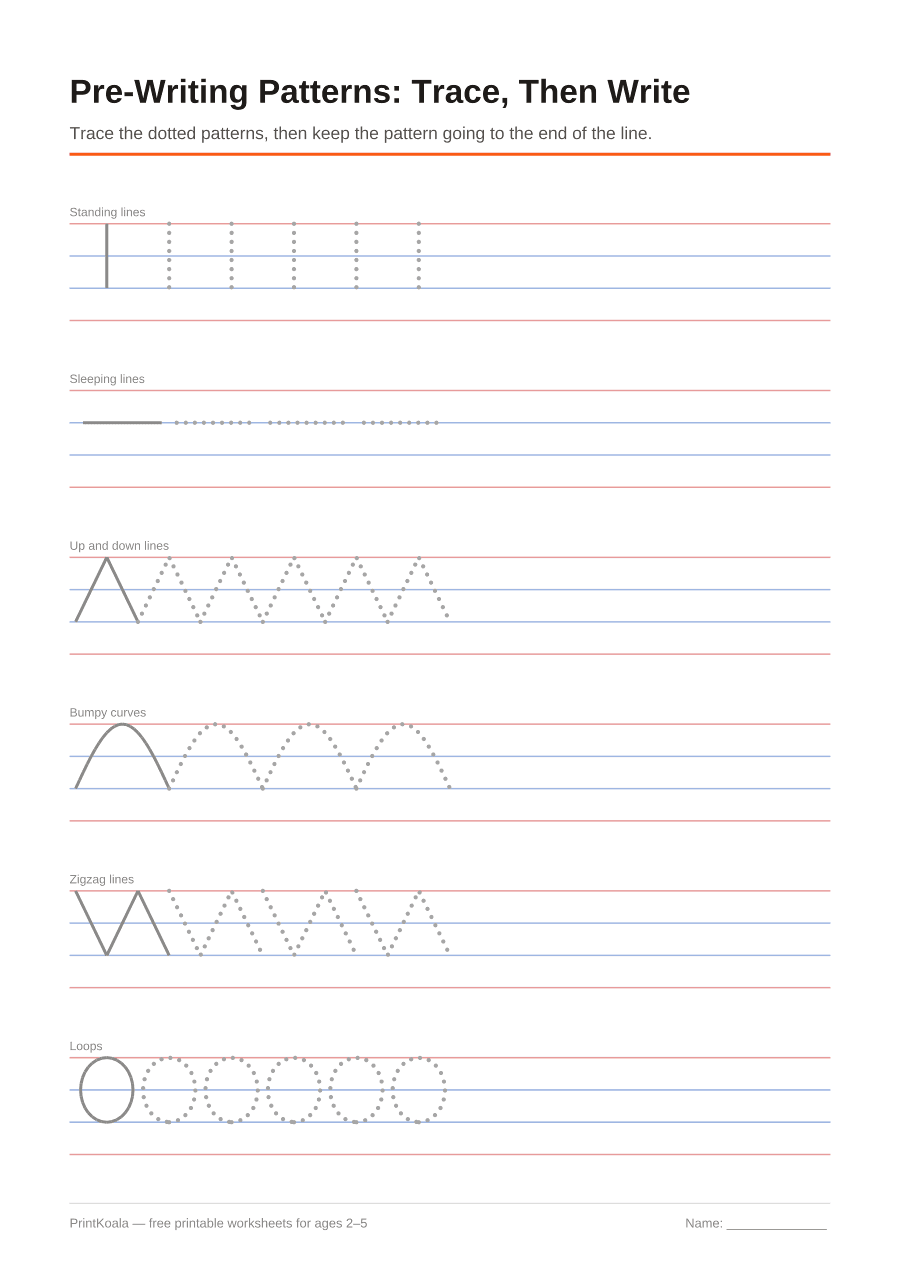 Full preview of the Pre-Writing Patterns: Trace, Then Write worksheet