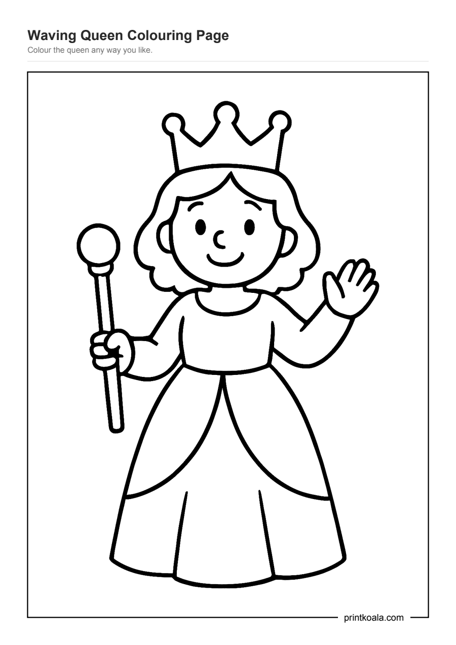 Full preview of the Waving Queen Colouring Page worksheet