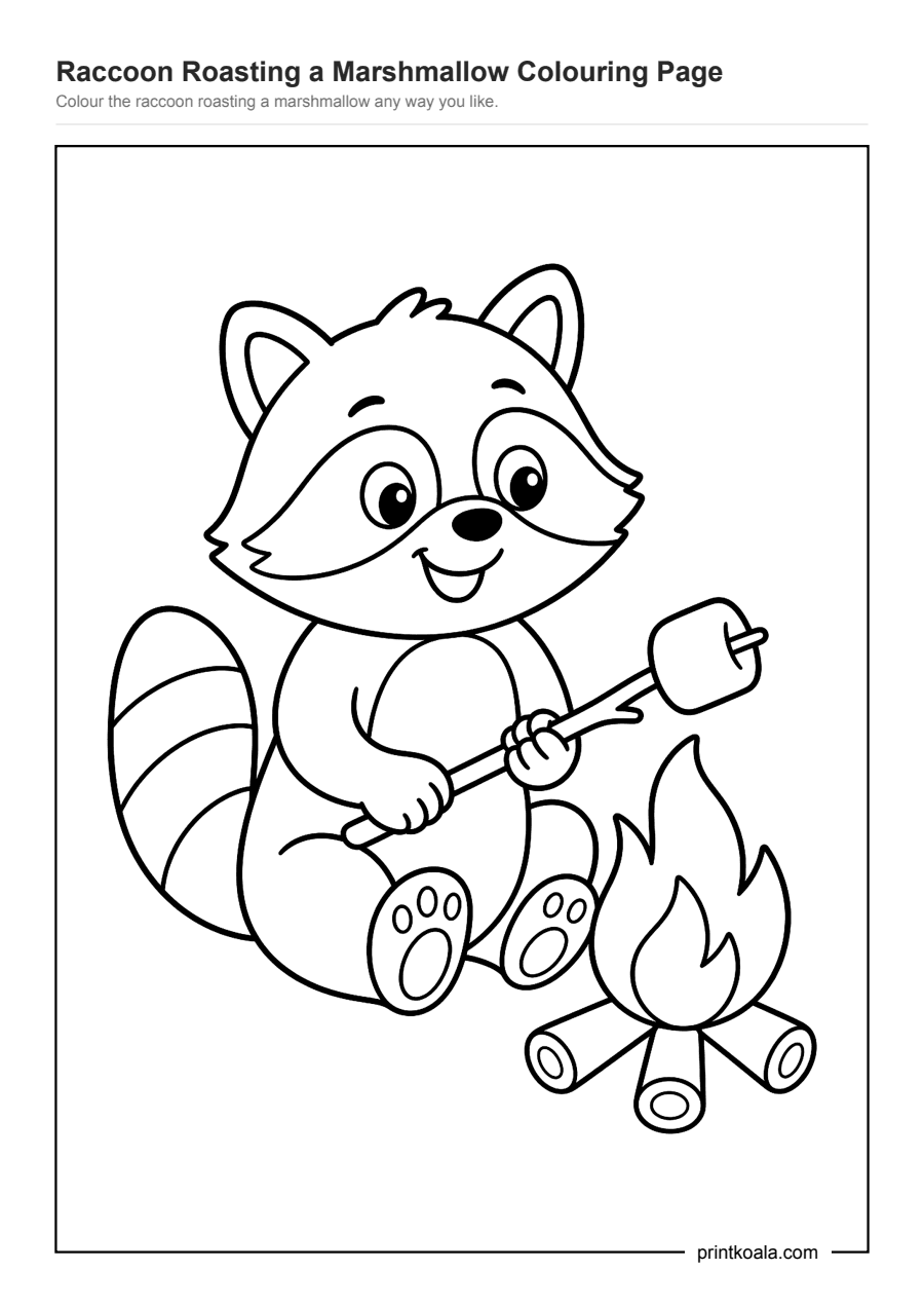 Full preview of the Raccoon Roasting a Marshmallow Colouring Page worksheet