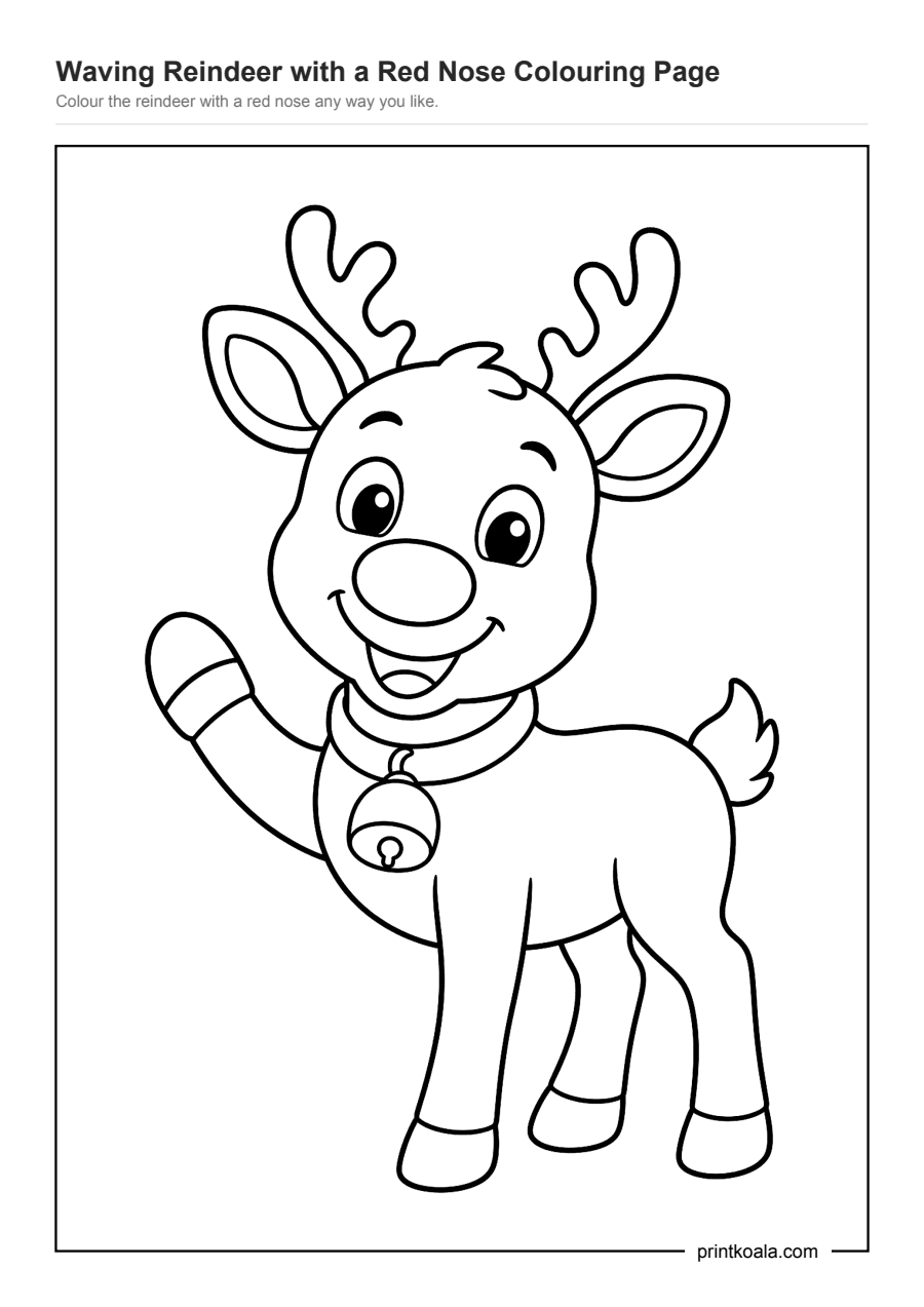 Full preview of the Waving Reindeer with a Red Nose Colouring Page worksheet