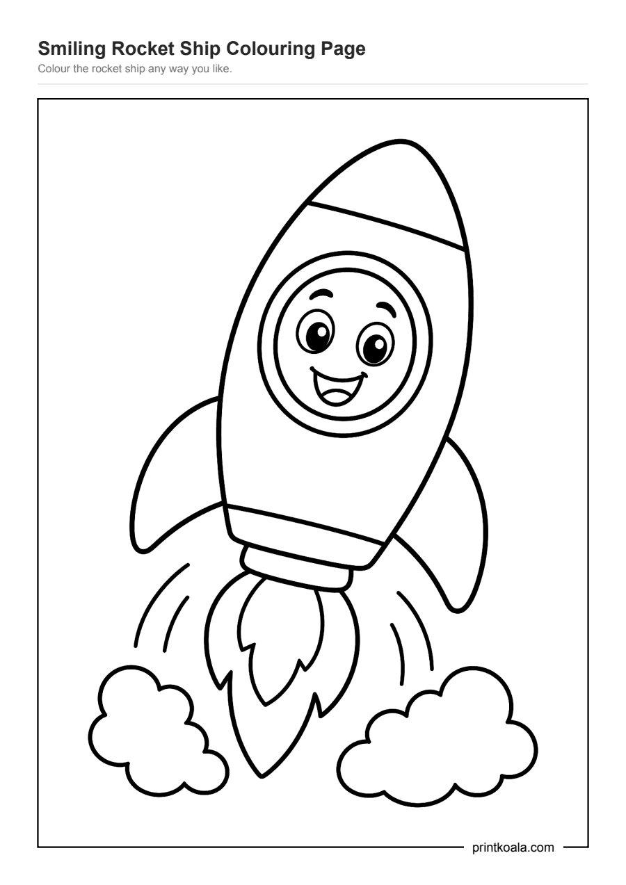 Full preview of the Smiling Rocket Ship Colouring Page worksheet