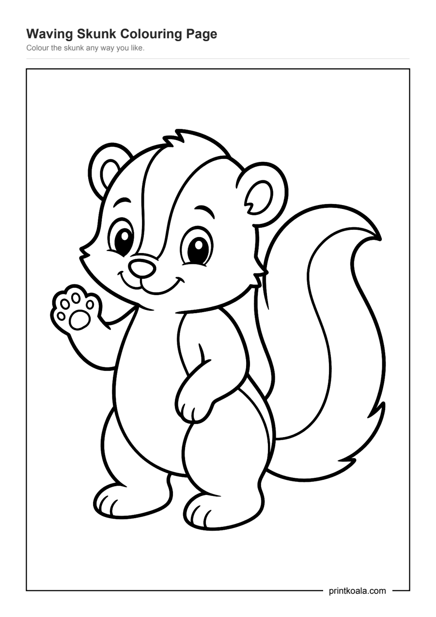 Full preview of the Waving Skunk Colouring Page worksheet
