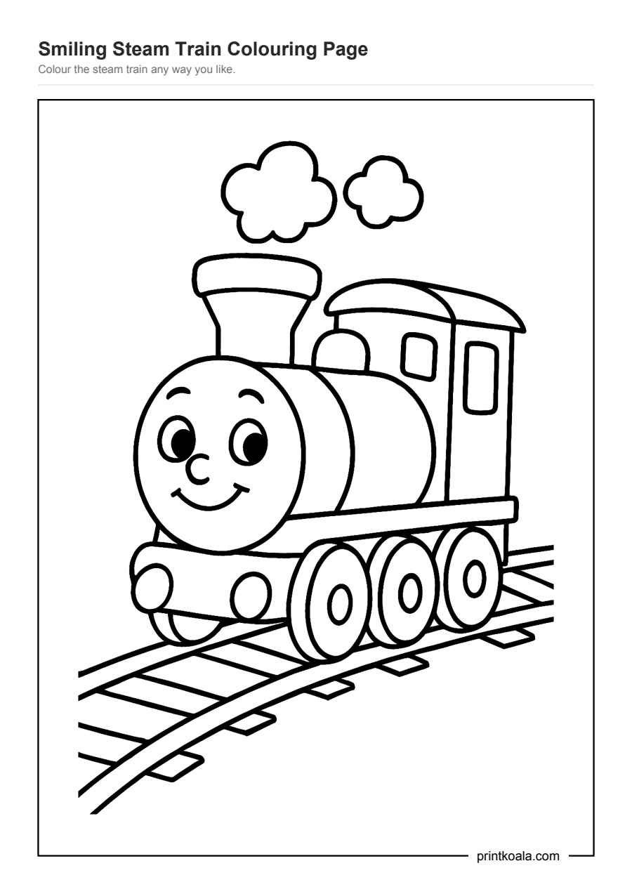 Full preview of the Smiling Steam Train Colouring Page worksheet
