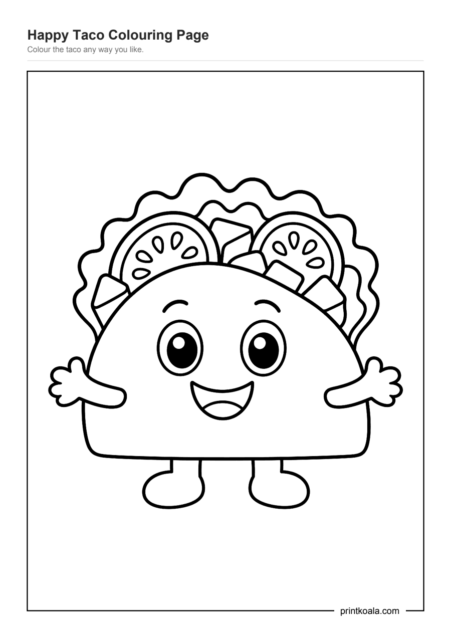 Full preview of the Happy Taco Colouring Page worksheet