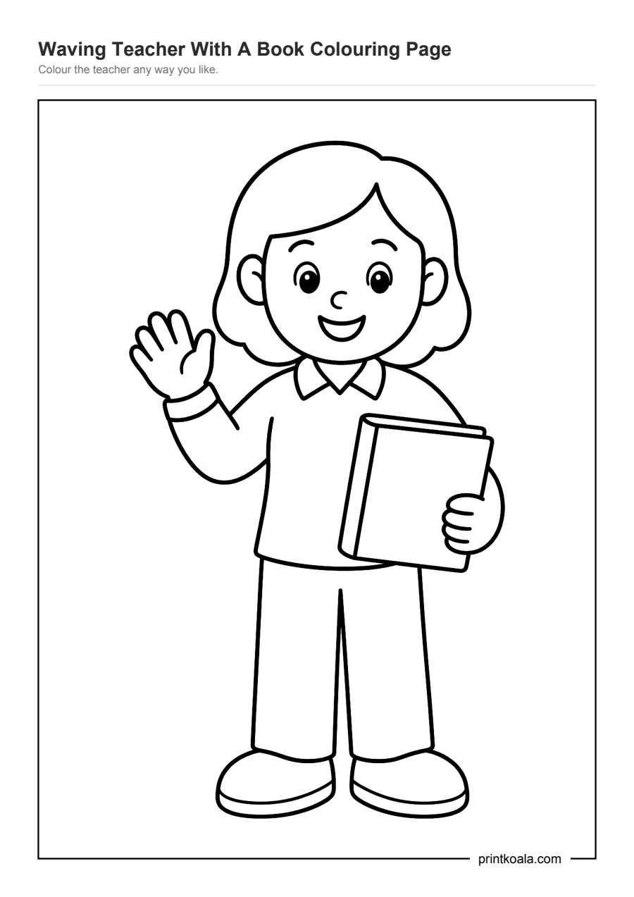 Full preview of the Waving Teacher With A Book Colouring Page worksheet