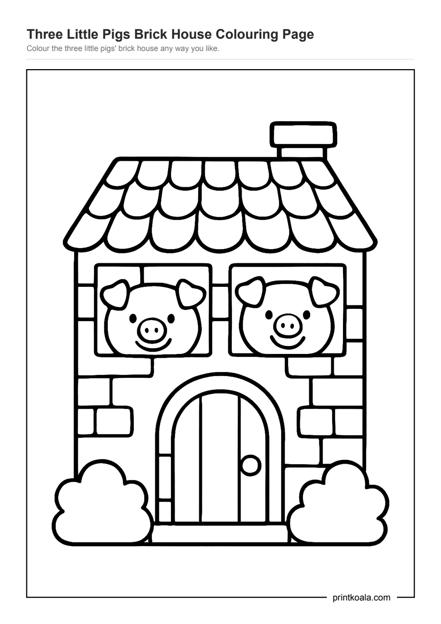 Full preview of the Three Little Pigs Brick House Colouring Page worksheet