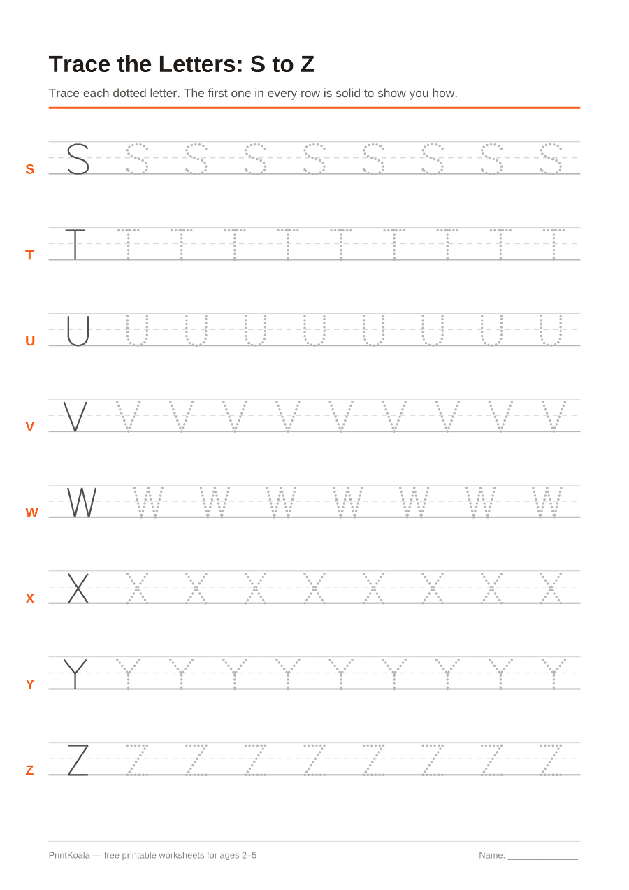 Full preview of the Trace Capital Letters S to Z worksheet