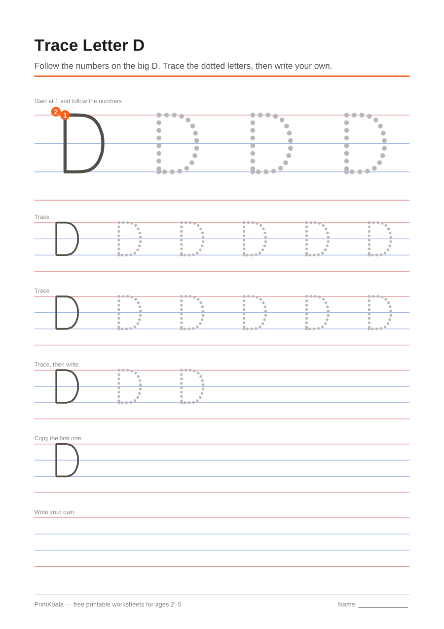 Full preview of the Trace Letter D worksheet