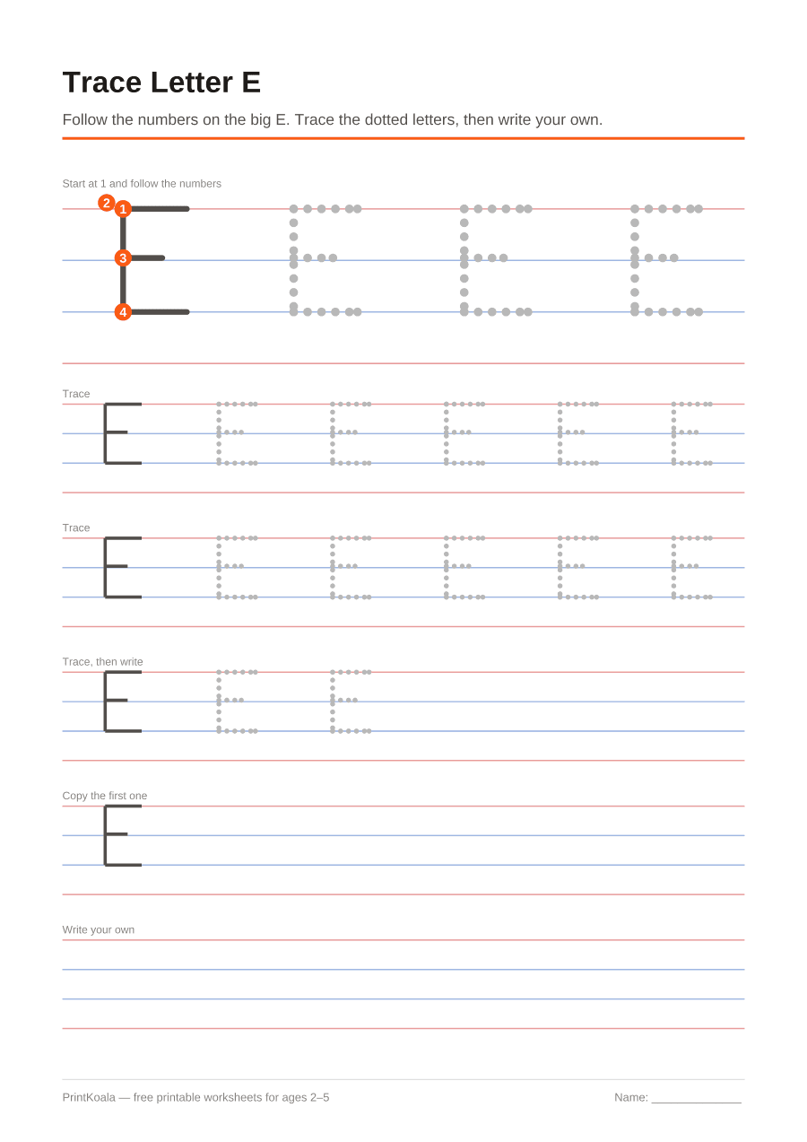 Full preview of the Trace Letter E worksheet