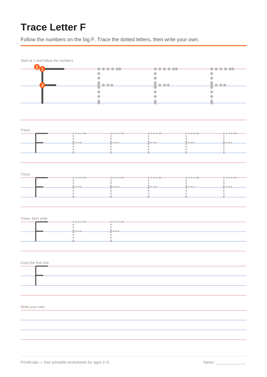 Full preview of the Trace Letter F worksheet