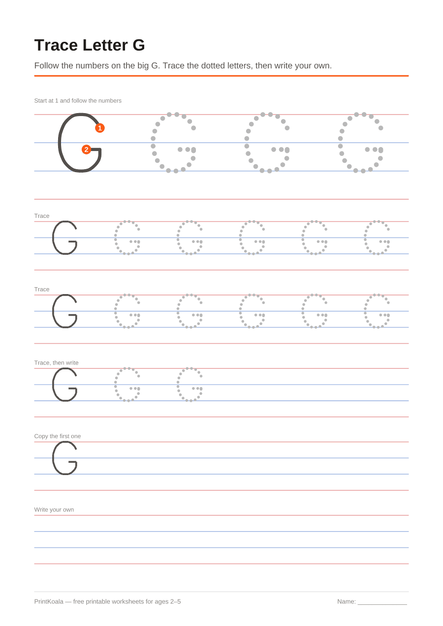 Full preview of the Trace Letter G worksheet