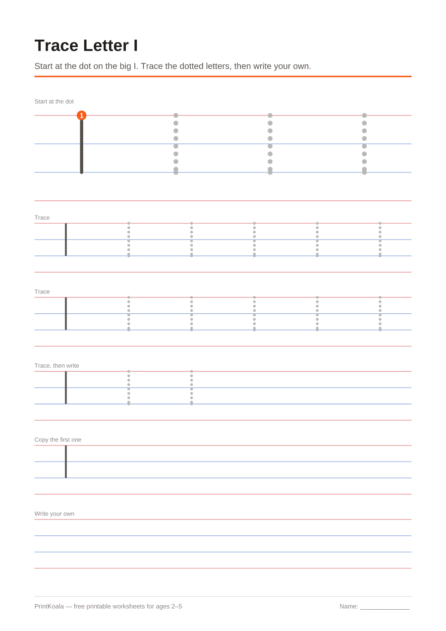 Full preview of the Trace Letter I worksheet
