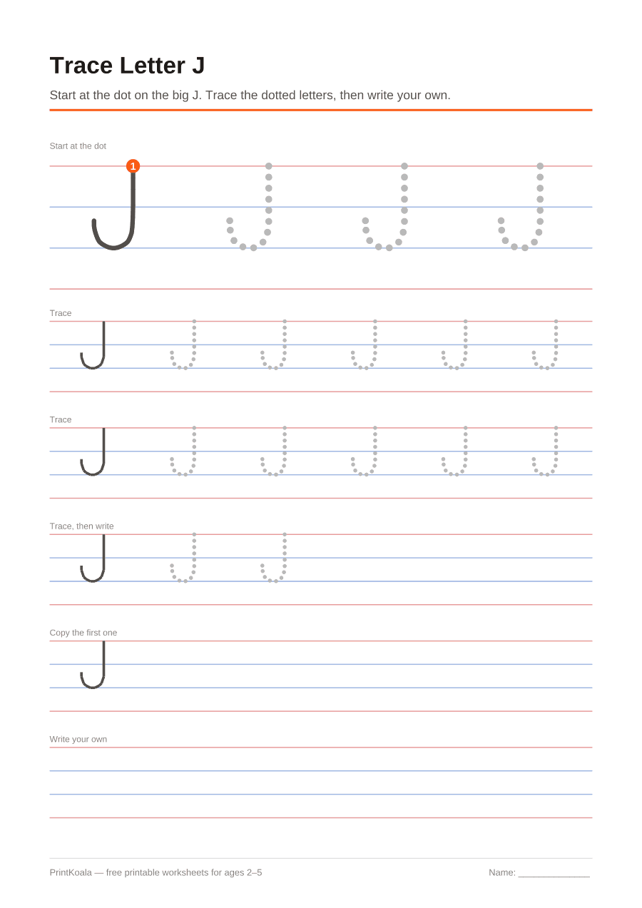 Full preview of the Trace Letter J worksheet