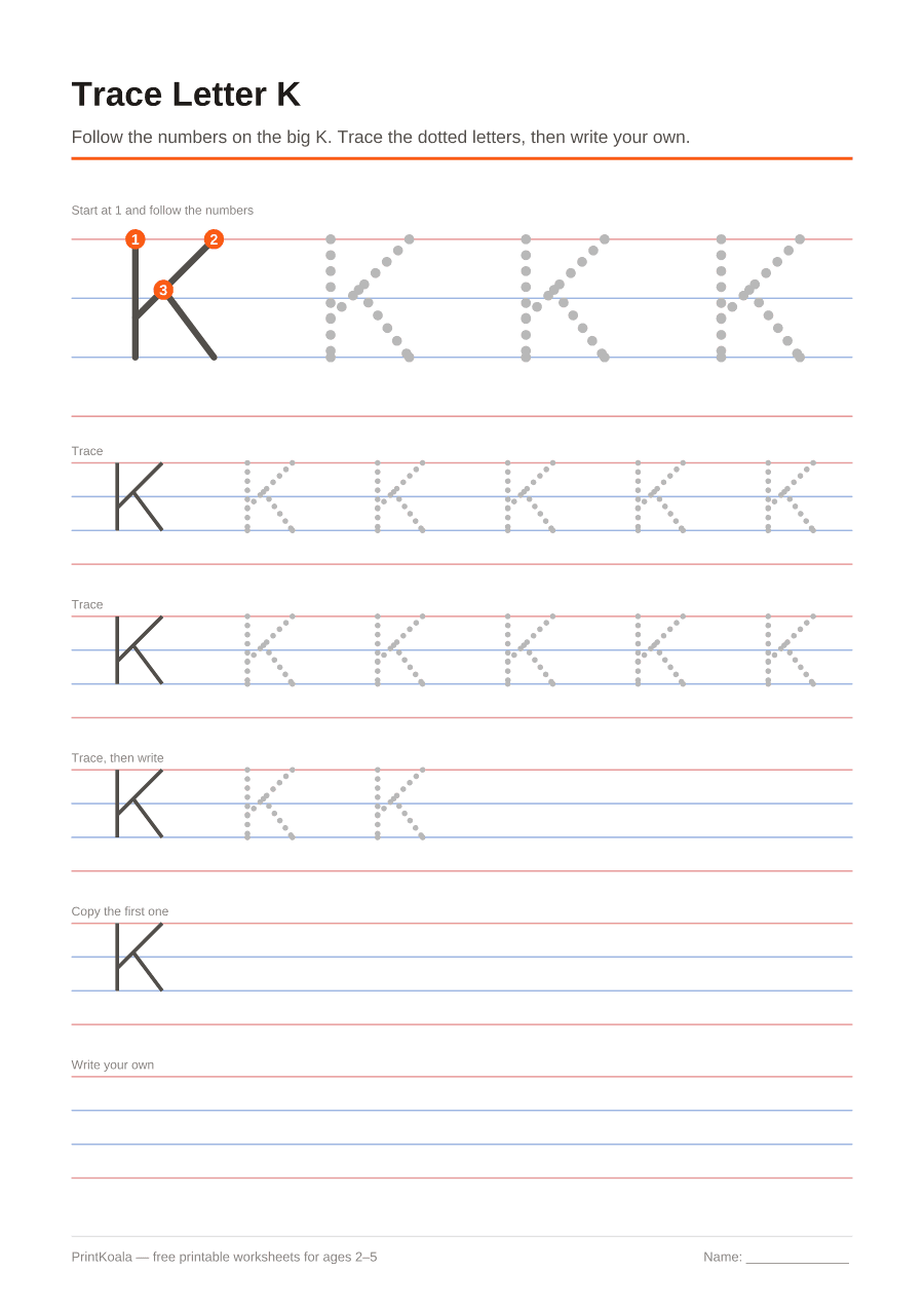 Full preview of the Trace Letter K worksheet