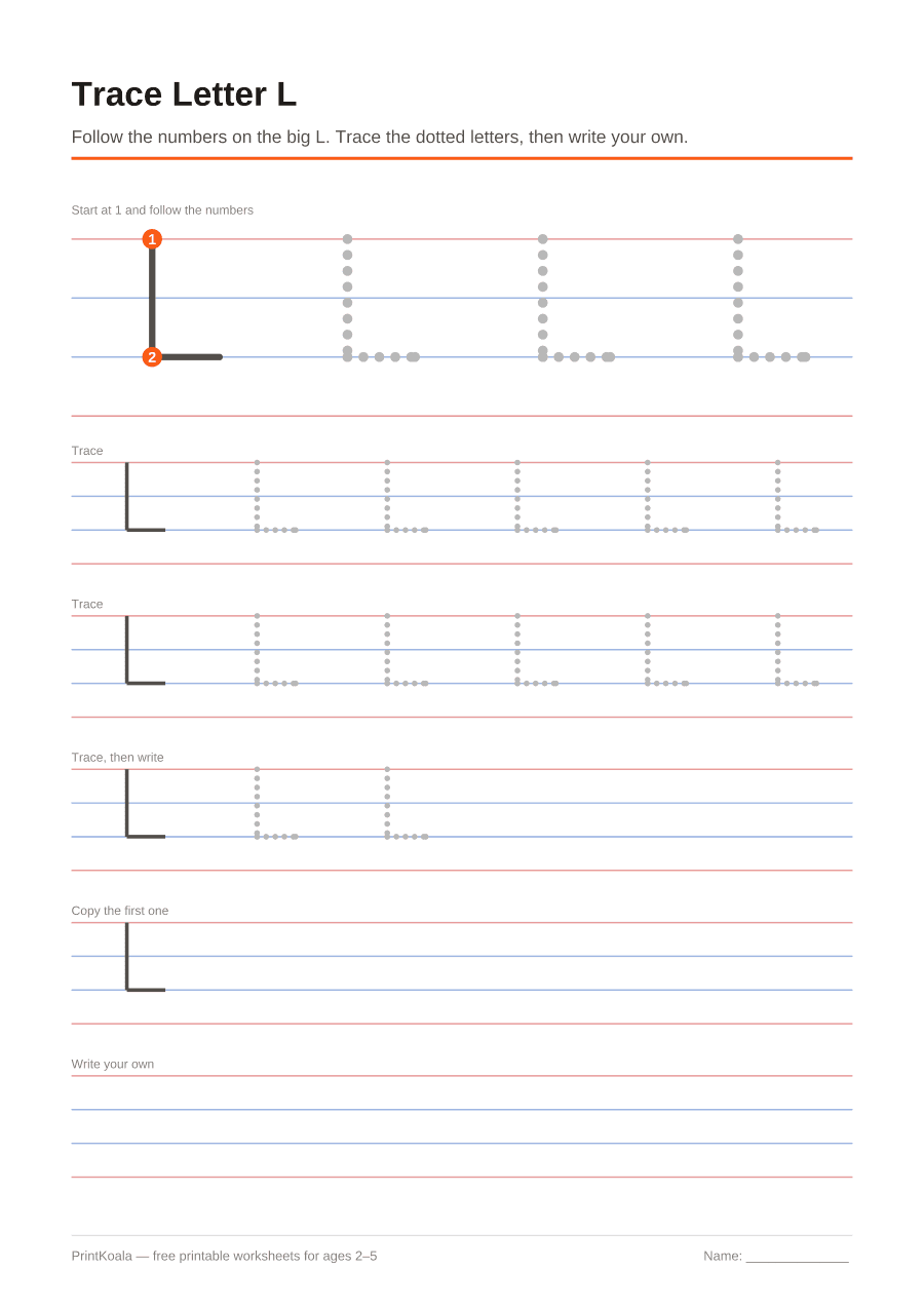 Full preview of the Trace Letter L worksheet