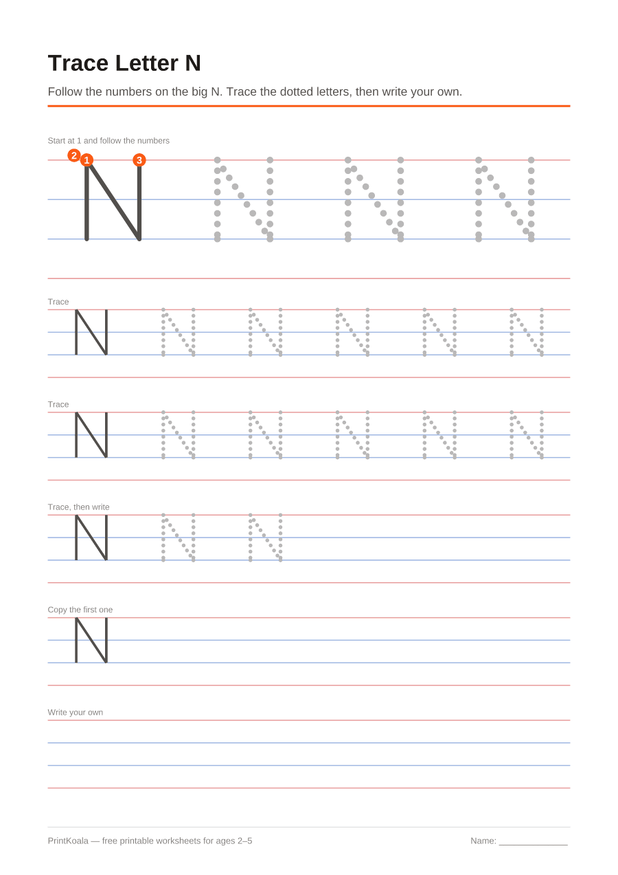 Full preview of the Trace Letter N worksheet