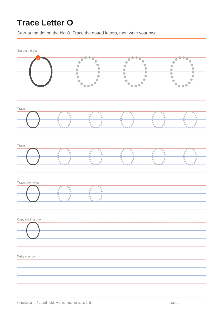Full preview of the Trace Letter O worksheet