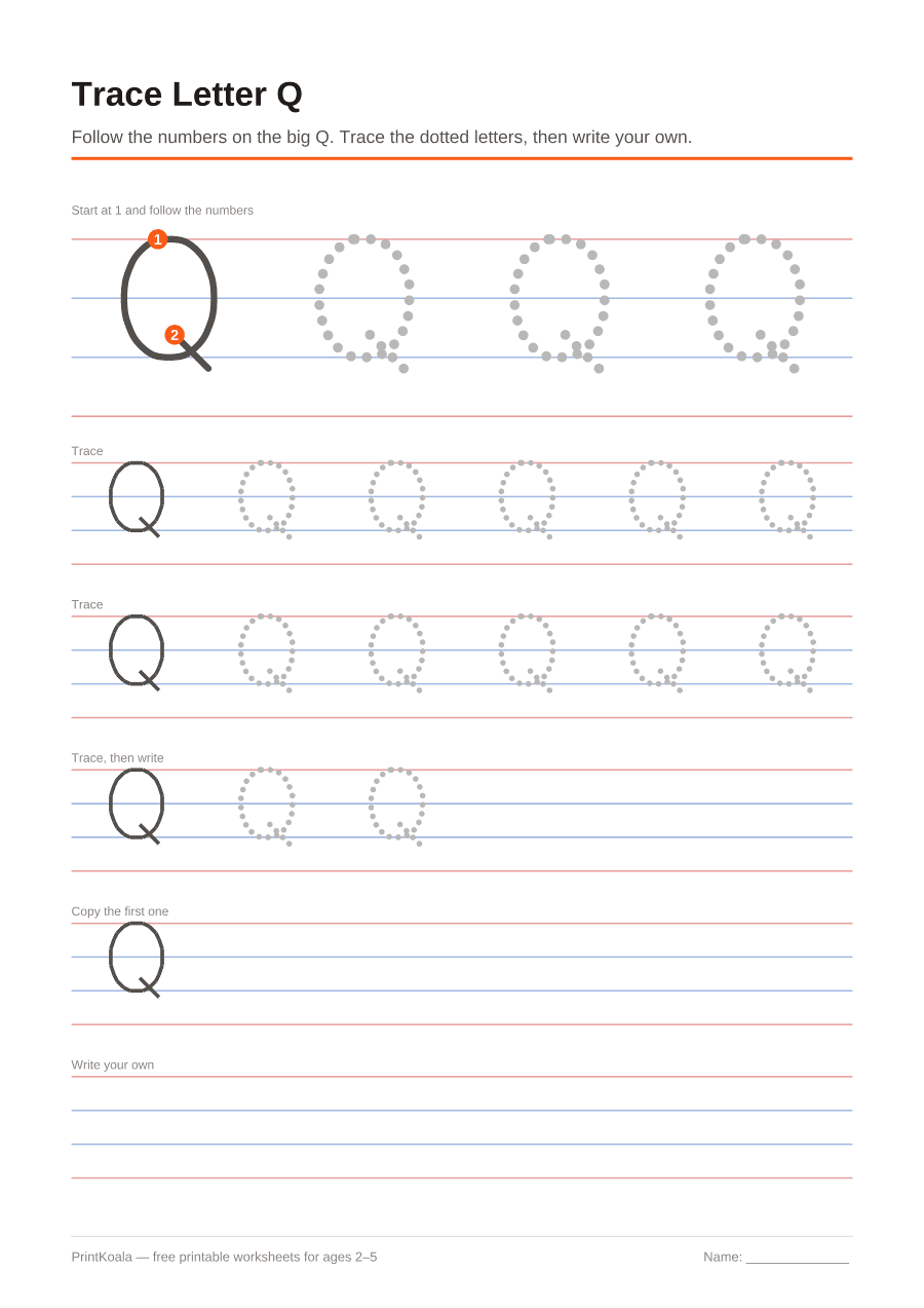 Full preview of the Trace Letter Q worksheet
