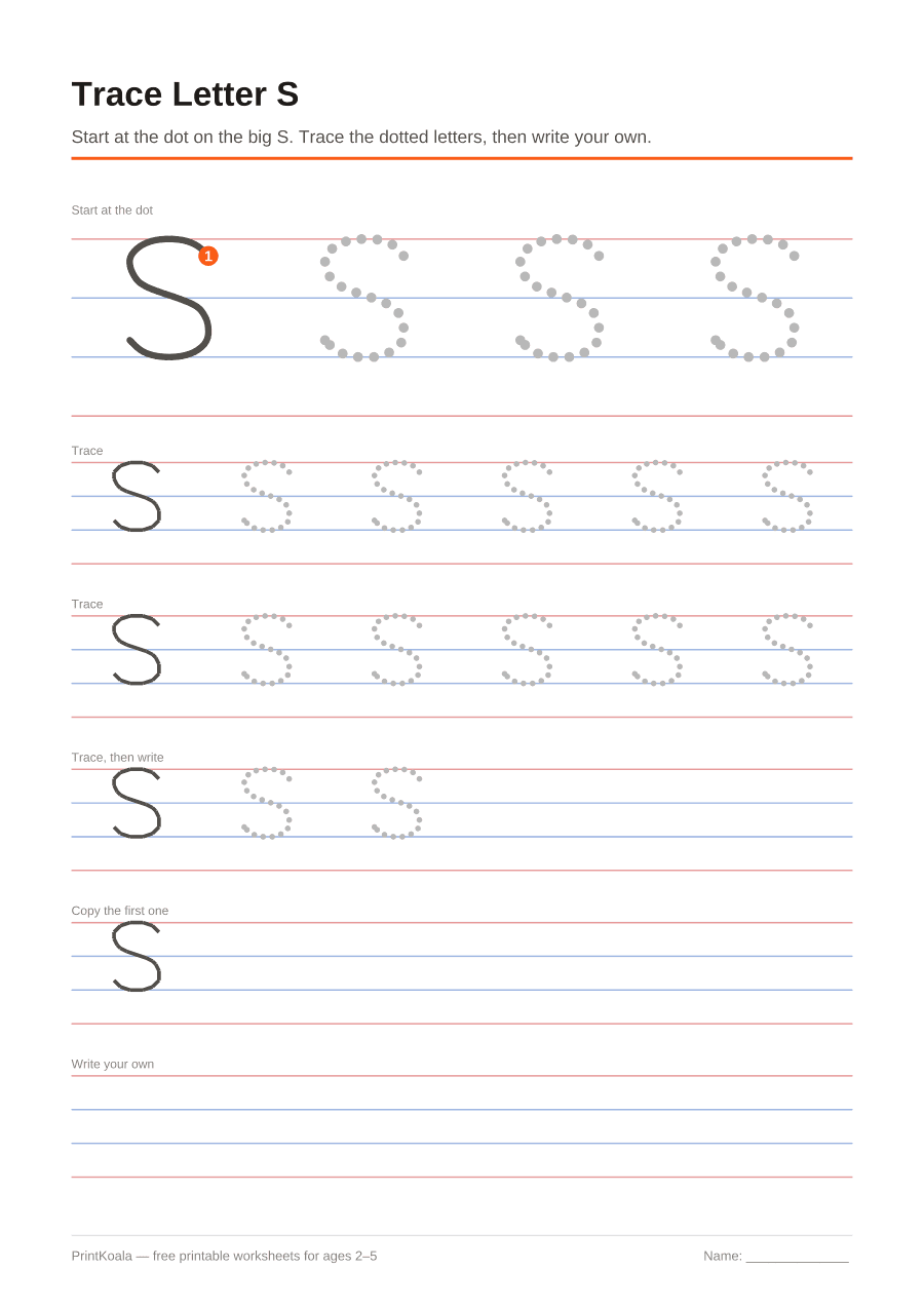 Full preview of the Trace Letter S worksheet