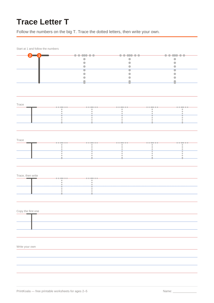 Full preview of the Trace Letter T worksheet