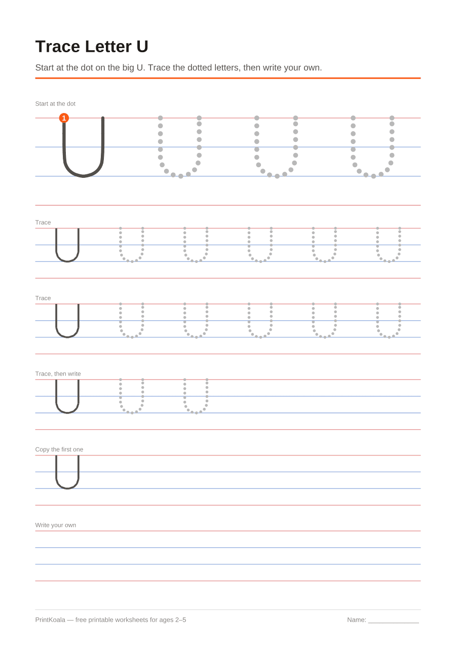 Full preview of the Trace Letter U worksheet