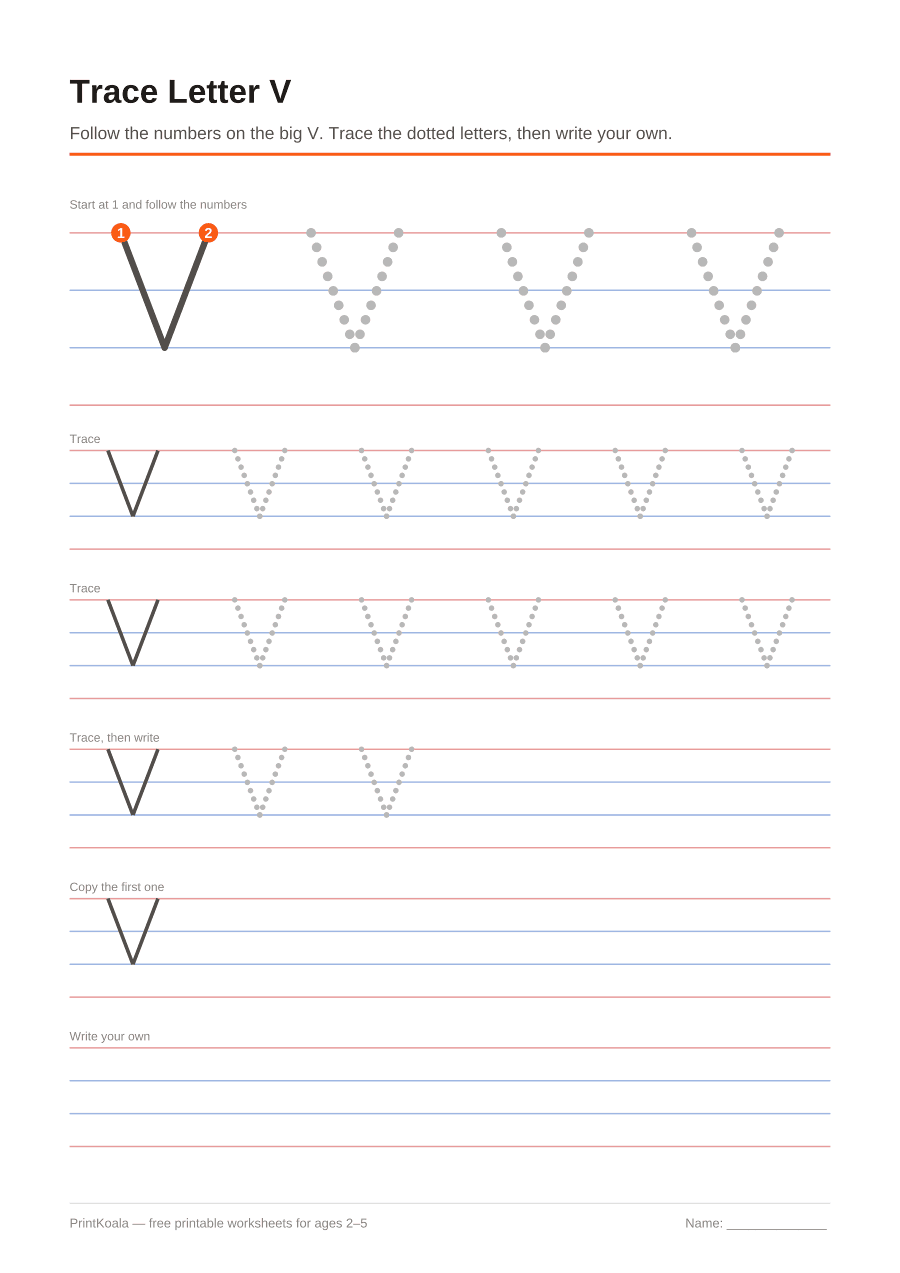 Full preview of the Trace Letter V worksheet