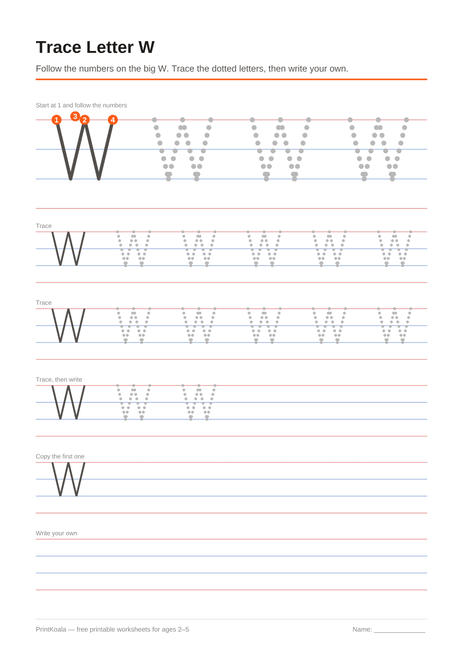 Full preview of the Trace Letter W worksheet