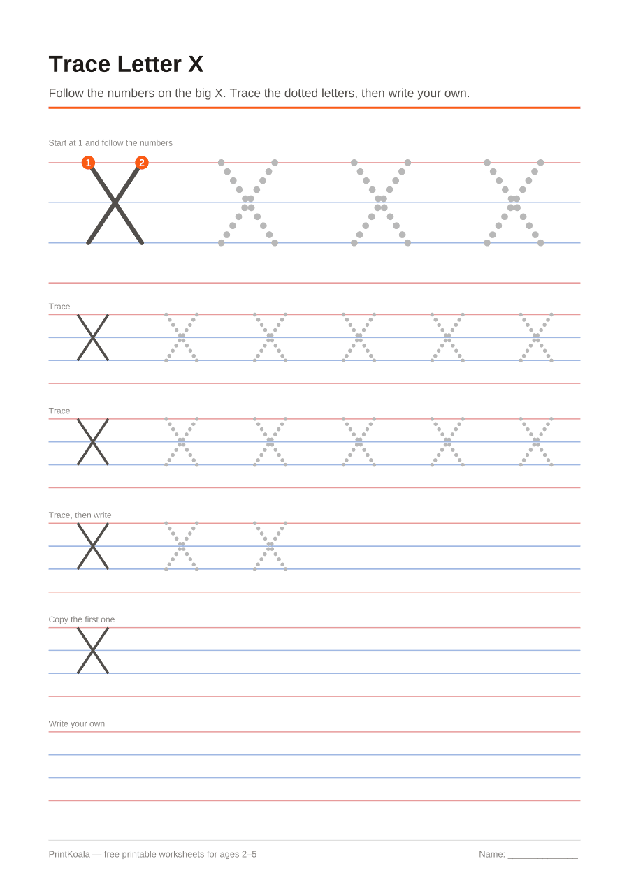 Full preview of the Trace Letter X worksheet
