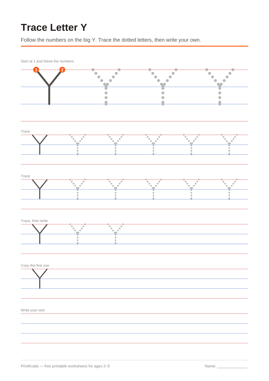 Full preview of the Trace Letter Y worksheet