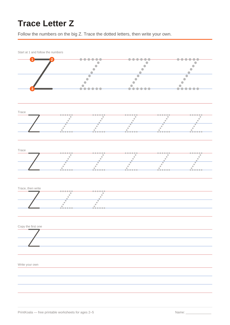 Full preview of the Trace Letter Z worksheet