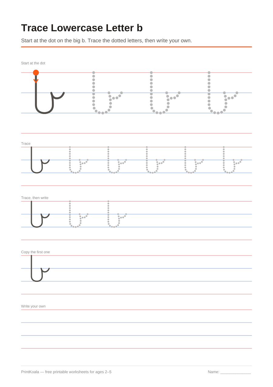 Full preview of the Trace Lowercase Letter b worksheet