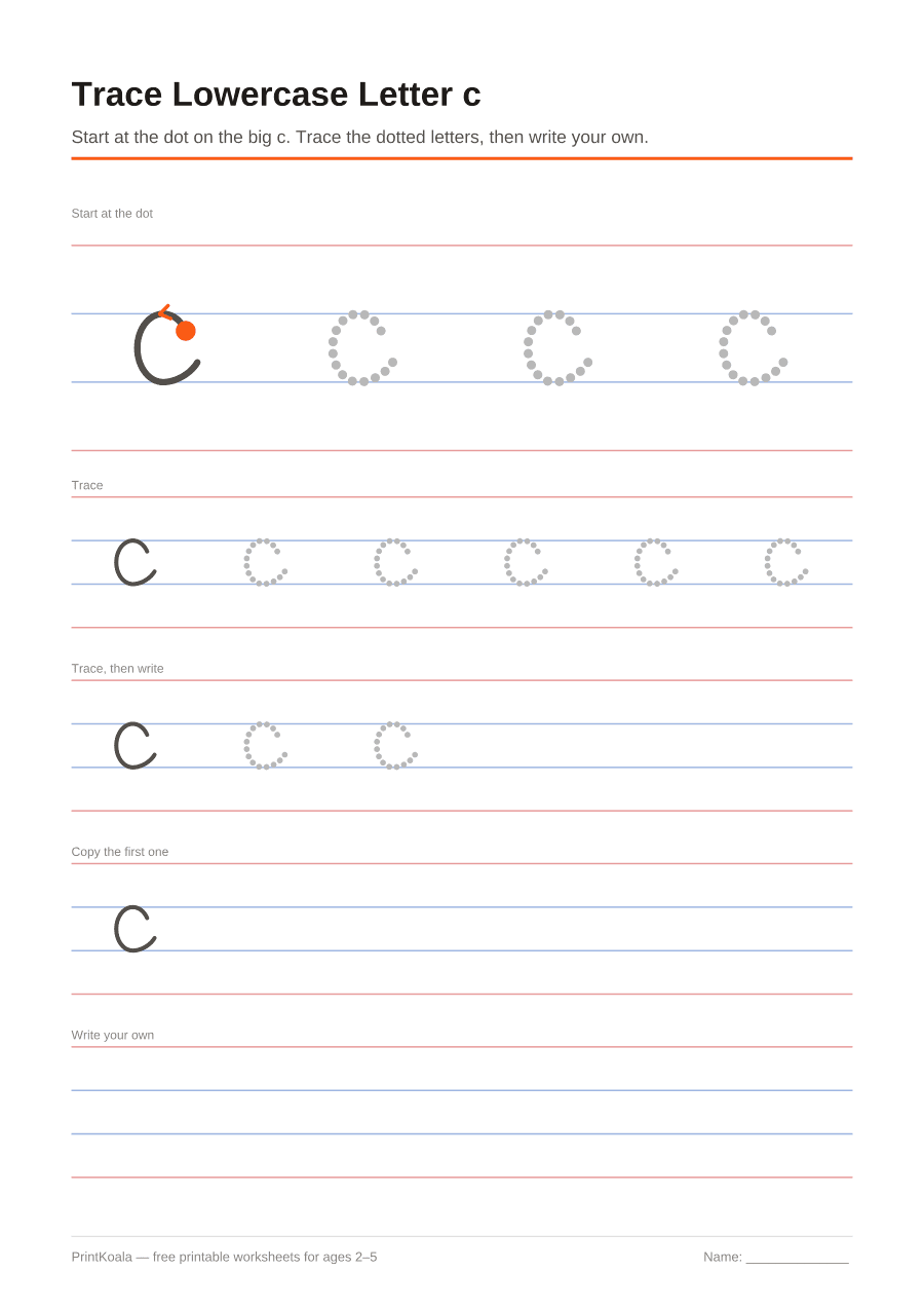 Full preview of the Trace Lowercase Letter c worksheet