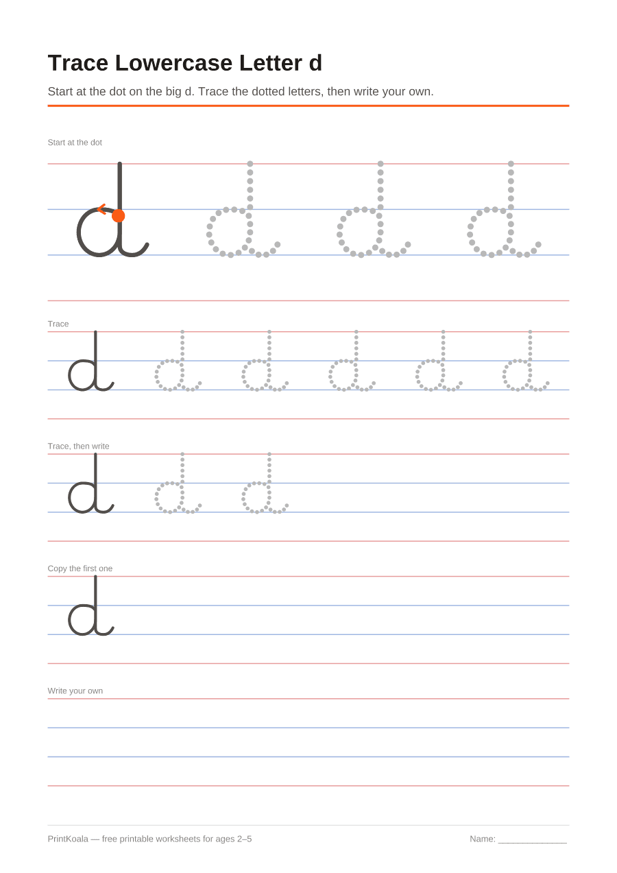 Full preview of the Trace Lowercase Letter d worksheet