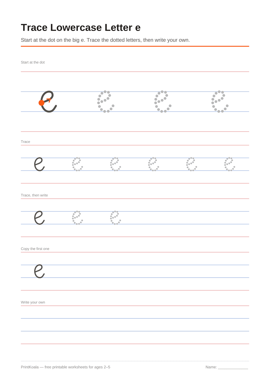 Full preview of the Trace Lowercase Letter e worksheet