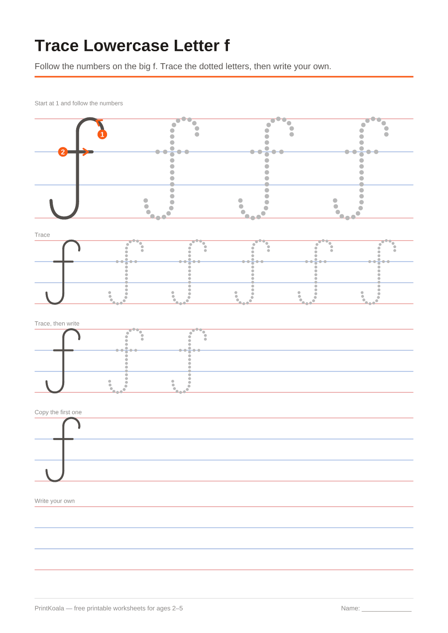 Full preview of the Trace Lowercase Letter f worksheet