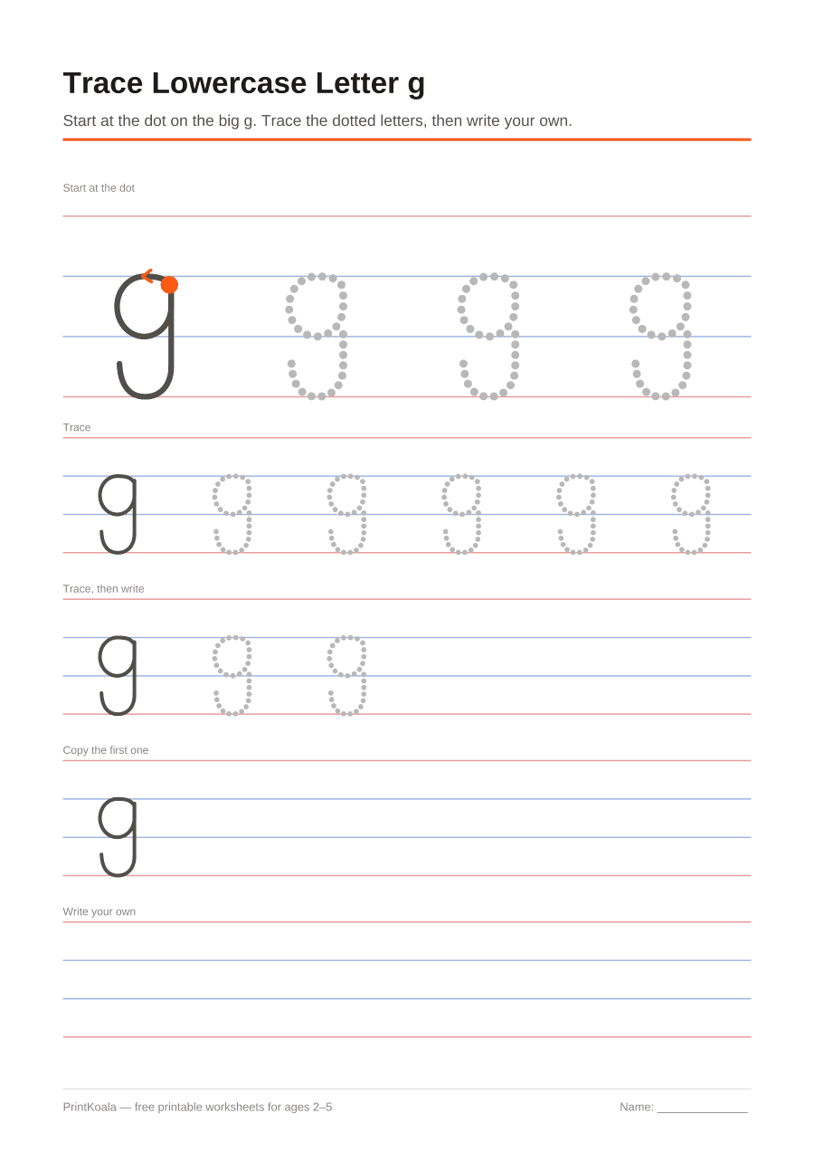 Full preview of the Trace Lowercase Letter g worksheet