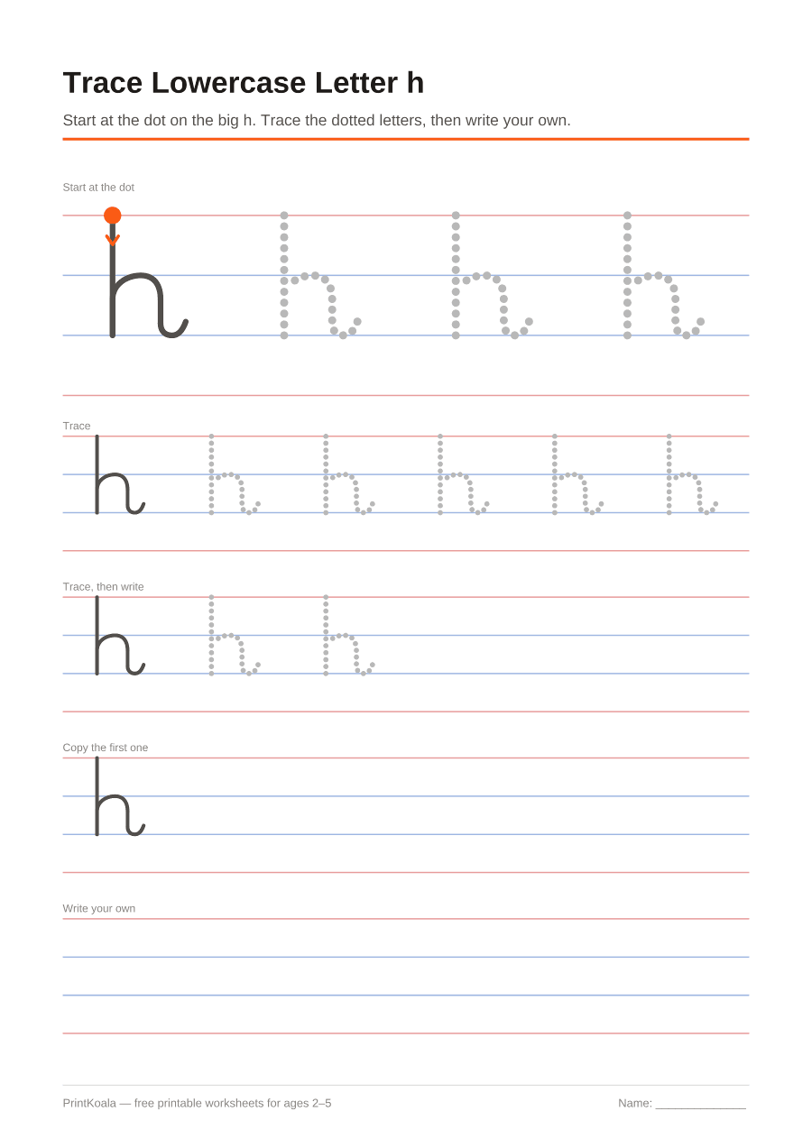 Full preview of the Trace Lowercase Letter h worksheet